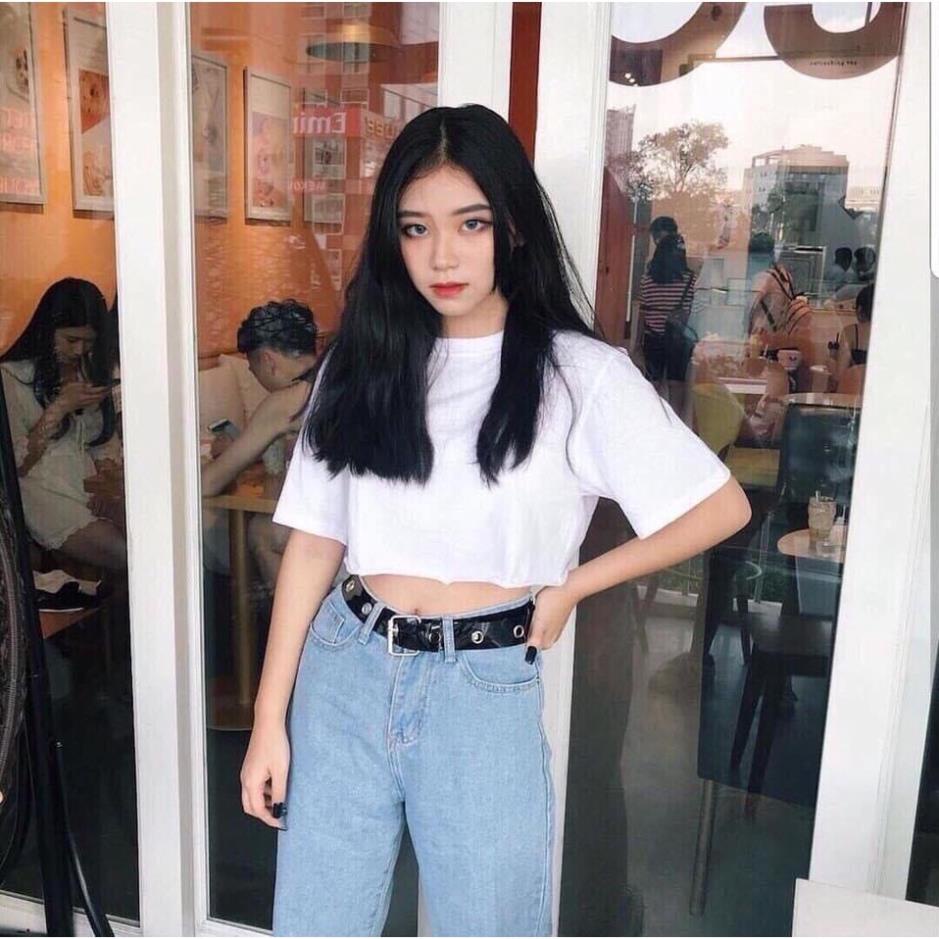 Áo thun croptop cổ tròn basic 2 màu trắng đen
