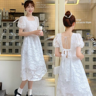 Váy trắng hở lưng cổ vuông, đầm tiểu thư thắt nơ tay bồng emmei v83