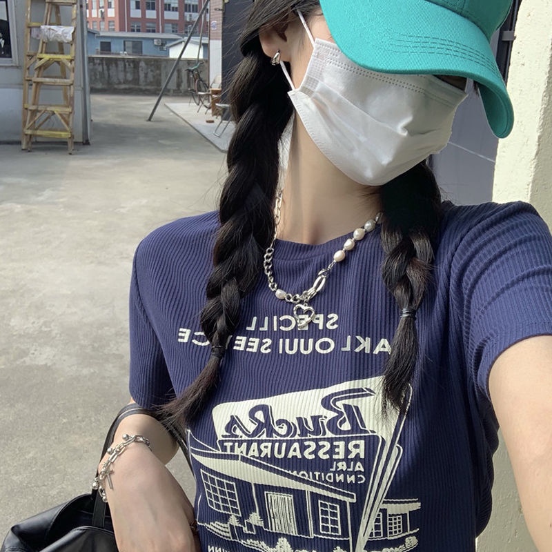 Áo Thun Ngắn Tay Lưng Cao Phong Cách Retro Mỹ Thời Trang Mùa Hè 2022 Mới Cho Nữ