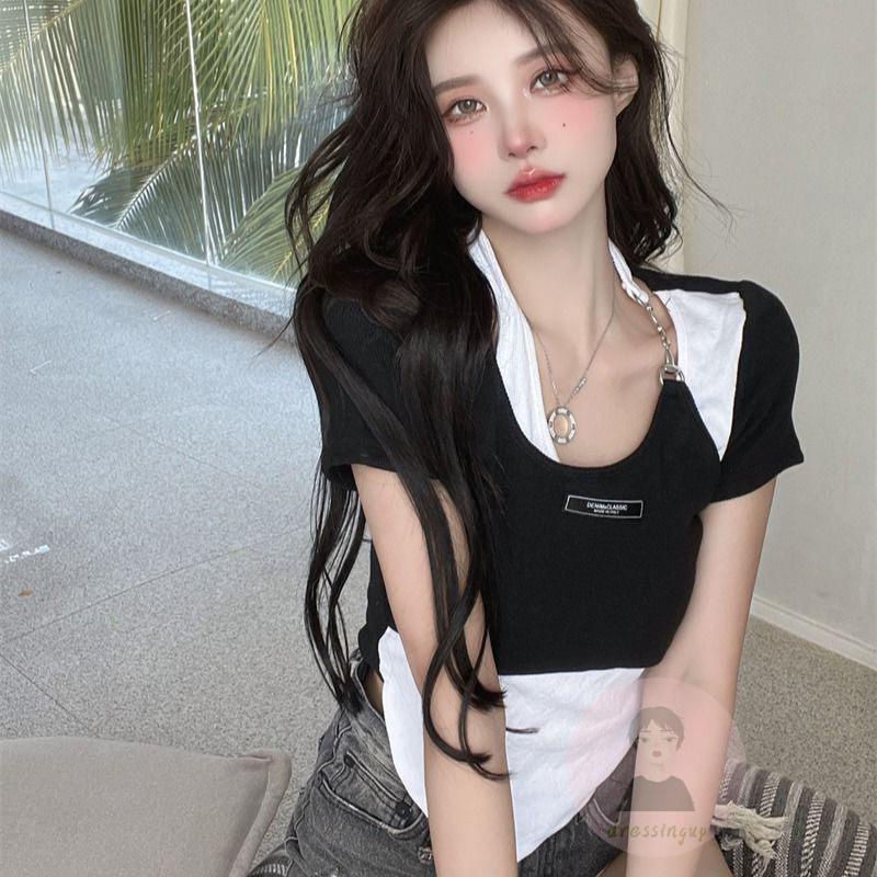 Áo Thun Tay Ngắn Cổ Yếm Màu Sắc Tương Phản Thời Trang Mùa Hè Dành Cho Nữ