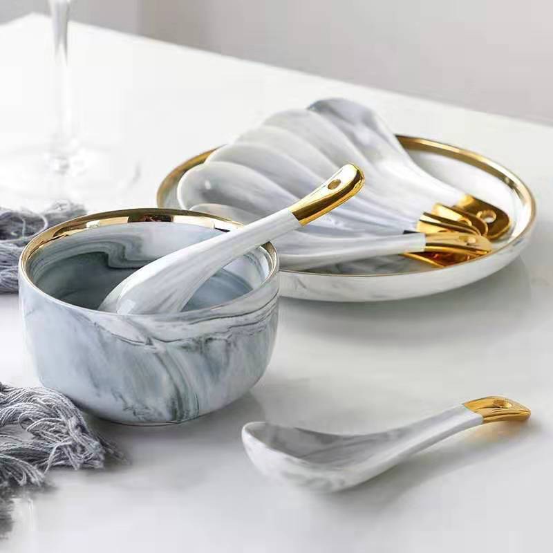 Dĩa sứ, đĩa sứ tròn vân đá ceramic viền vàng sang trọng cho bữa ăn gia đình, trang trí bàn ăn 20 - 26 cm