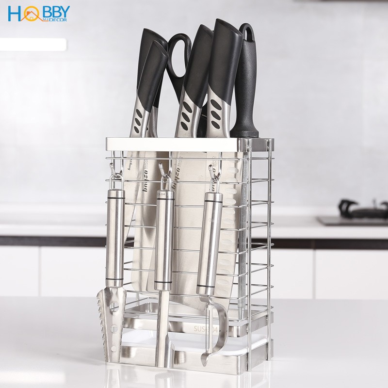 Kệ đựng dao kéo Inox 304 Hobby Home Decor DD3M kèm 3 móc treo và khay hứng nước - không rỉ sét