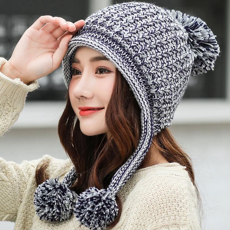Mũ dệt kim phối quả cầu lông thời trang mùa đông dành cho nữ