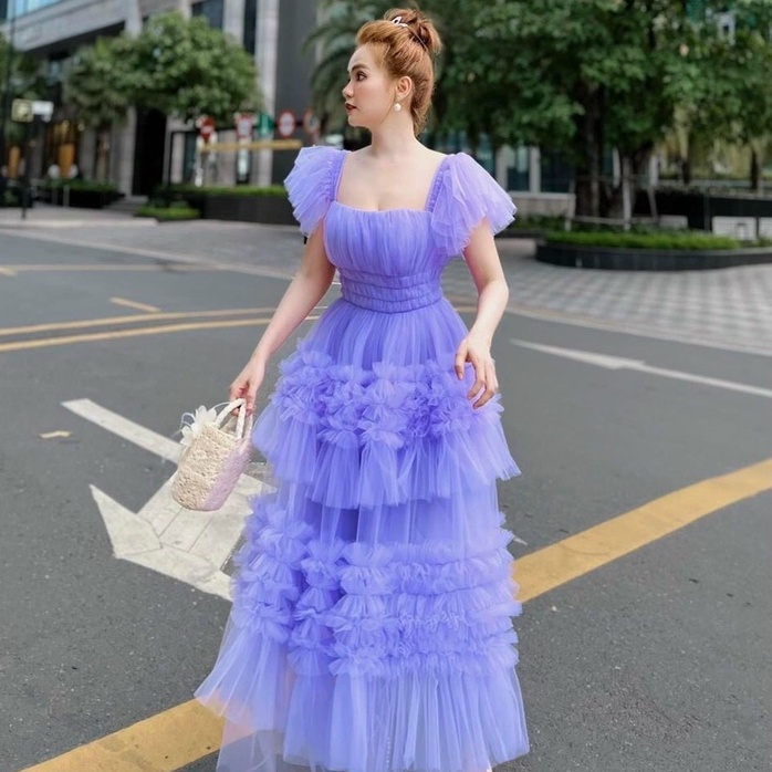 Đầm maxi đi biển lưới tầng cánh tiên dáng xòe dự tiệc HATI