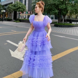 Đầm maxi đi biển lưới tầng cánh tiên dáng xòe dự tiệc HATI