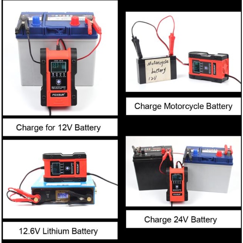 Sạc ắc quy Foxsur 12v/24v 2AH-240ah đa năng Sạc bình Lithium LiFePo4 thông minh tự động ngắt khi đầy
