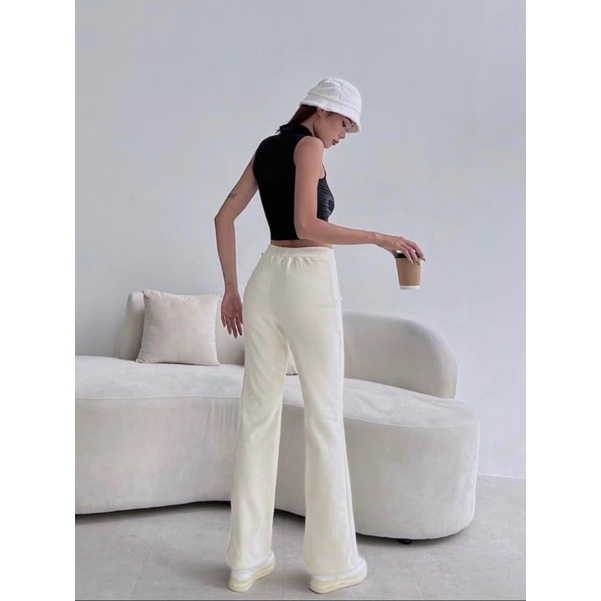 Quần ống rộng nữ thun gân dày - lưng may kiểu chữ V