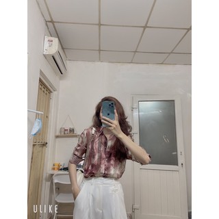 Áo sơ mi lụa xanh loang- hồng loang