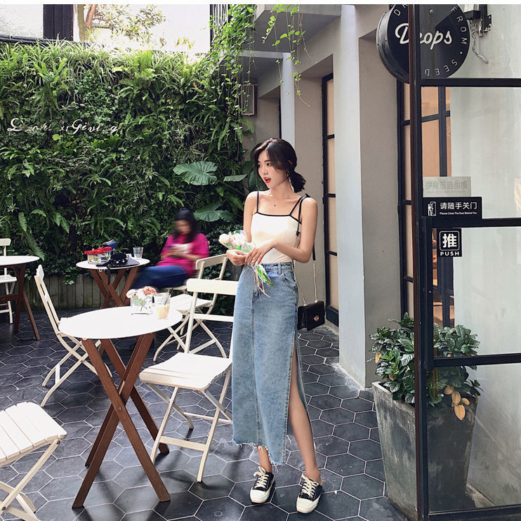 Chân váy jeans lưng cao thời trang sành điệu cho nữ