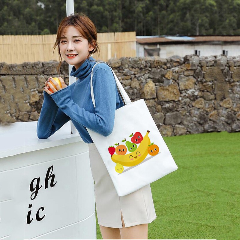 Túi tote  vuông vải canvas đeo vai in hình hoa quả hottrend trái đào - trái cây Hàn Quốc Có Khóa Miệng Túi