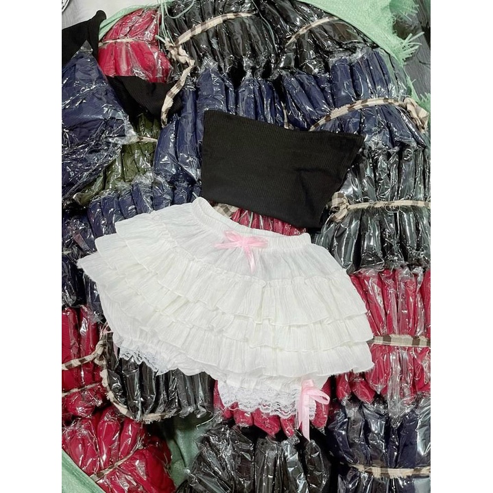 Set áo ống body quần short nhiều tầng đính nơ bánh bèo gợi cảm TU