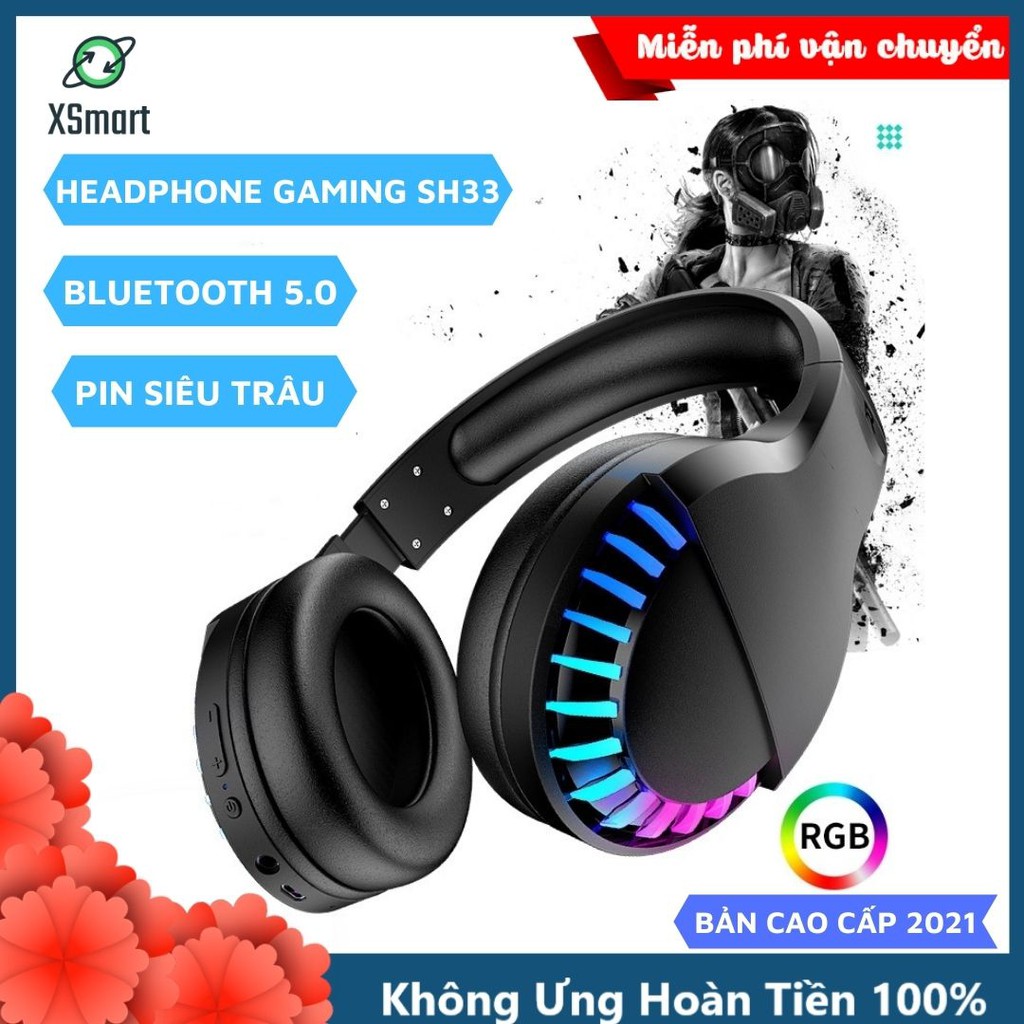 Tai nghe bluetooth headphone gaming SH33 Super Bass đèn led đổi màu RGB dùng cho điện thoại máy tính pc laptop