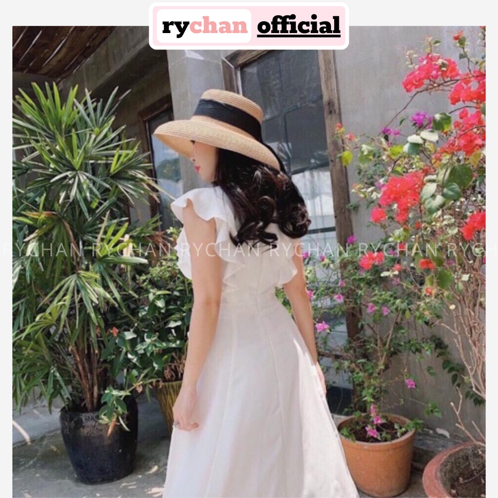 Đầm Nữ Đi Du Lịch Dáng Dài Xòe Cổ V Tay Phối Bèo Bo Eo 2 Túi Màu Trắng [ẢNH THẬT CUỐI] - DX9818