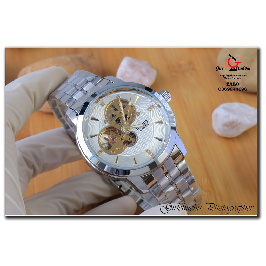 Đồng hồ nam Byino chính hãng với máy cơ tự động không pin, thiết kế máy inox full bạc cực sang trọng