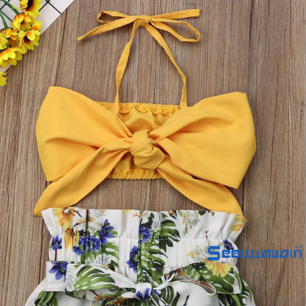 Set áo Croptop hoạ tiết hoa + quần dài kẻ sọc cho bé