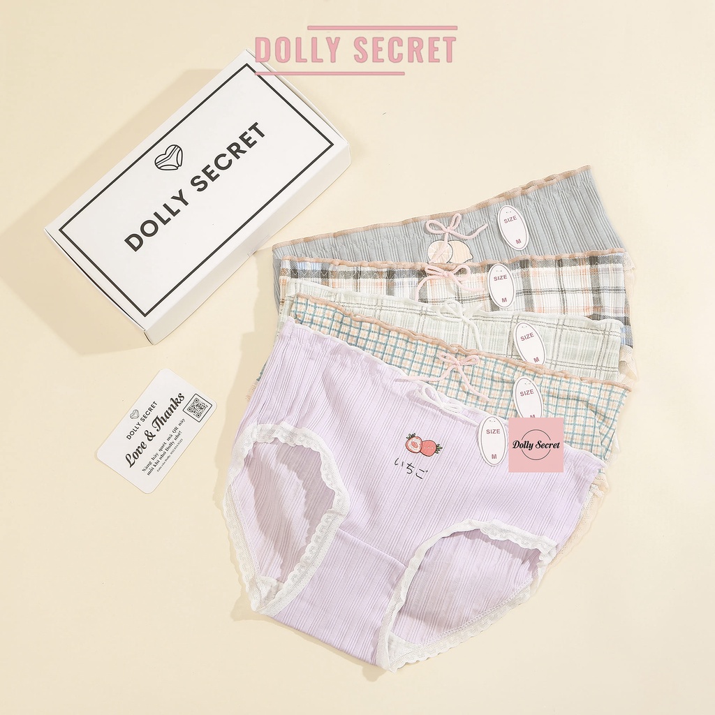 Quần lót cotton nữ DOLLY SECRET quần chip cotton cao cấp kháng khuẩn họa tiết caro kẻ xinh xắn dễ thương QL043