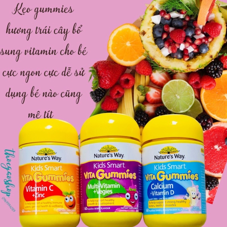 Kẹo gôm Kids smart vita gummies bổ sung multivitamin/canxi và vtm D/vtm C và zinC 60 viên Nature's way Úc