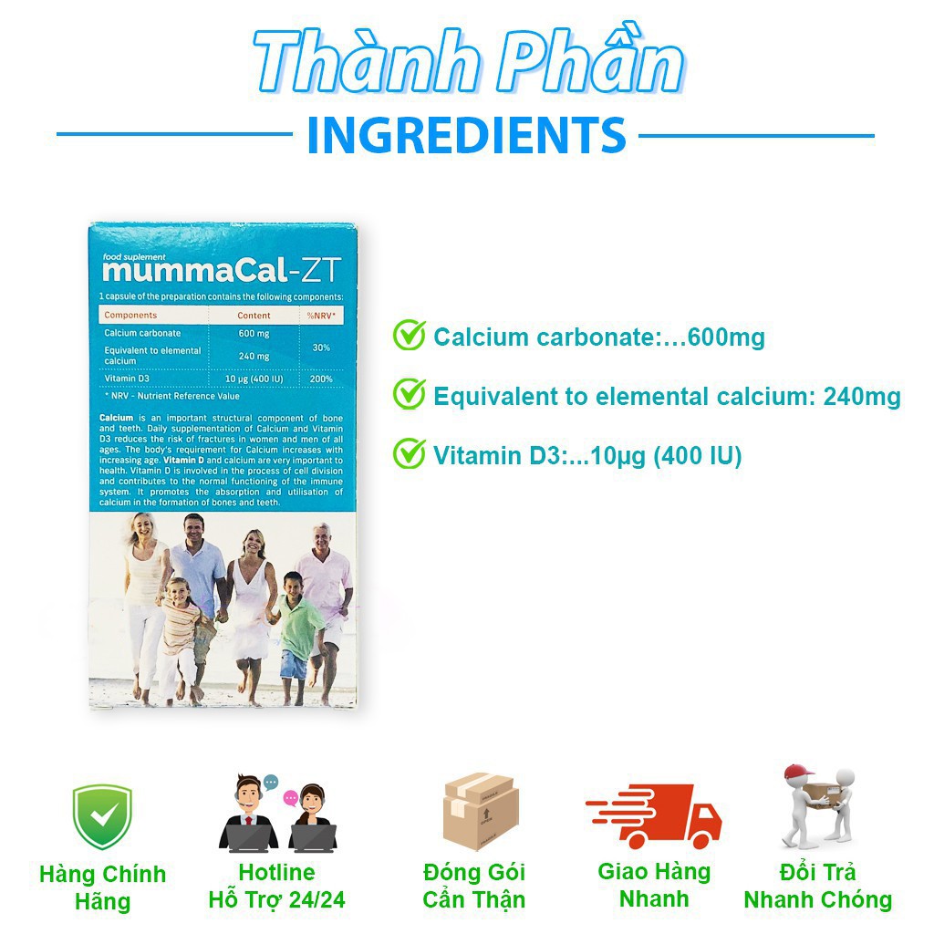 [CHÍNH HÃNG ] MummaCal-ZT - Bổ sung Canxi, Vitamin D3, tăng hấp thu Canxi, giúp xương chắc khỏe (Hộp 30 Viên)