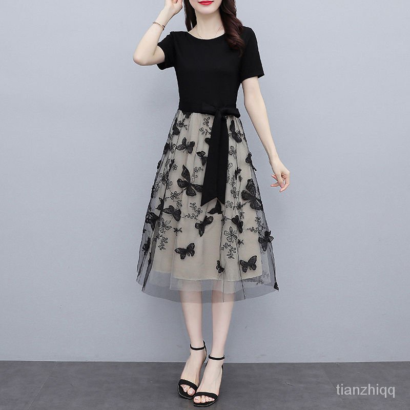 Đầm Tay Ngắn Phối Lưới Thêu Hoạ Tiết Đơn Giản Trẻ Trung Dành Cho Nữ | BigBuy360 - bigbuy360.vn