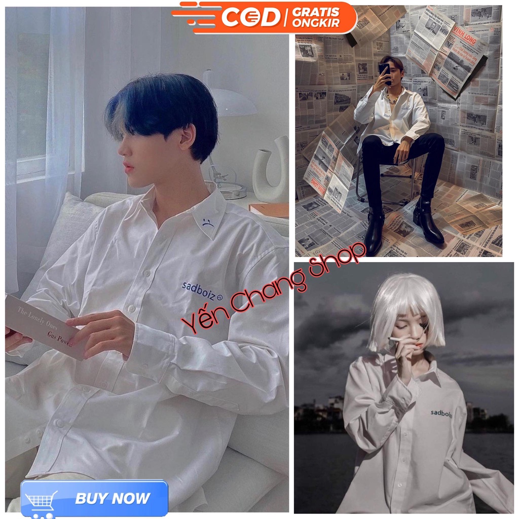 Áo Sơ Mi Tay Dài SADBOIZ Sad Signature Oversized White,Áo Sơ Mi Thêu Hình Mặt Cười Unisex Nam/Nữ Cực Chất