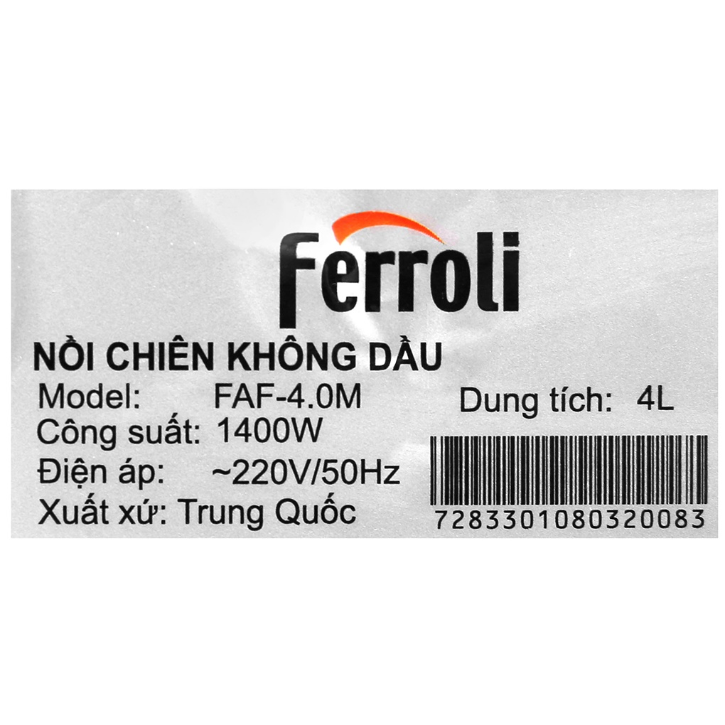 [Mã ELHADEV giảm 4% đơn 300K] Nồi chiên không dầu Ferroli FAF-4.0M 4 lít công suất 1400W - Hàng chính hãng BH 12 tháng