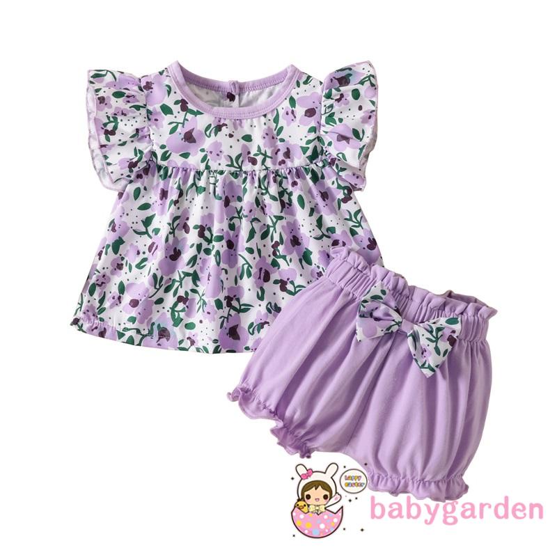 Set Áo Cổ Tròn Tay Cánh Tiên + Quần Short In Họa Tiết Hoa Thời Trang Cho Bé Gái 0-3 Tuổi