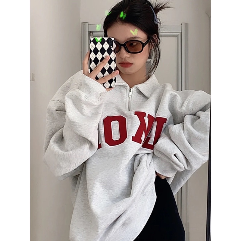 Áo sweater polo form rộng chất nỉ bông dày dặn màu ghi hoạ tiết chữ phong cách ulzzang SẴN