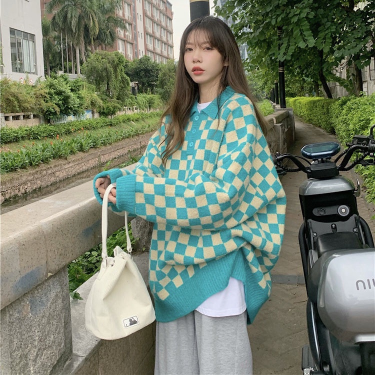 Áo sweater dệt kim dáng rộng họa tiết kẻ sọc phong cách Hàn Quốc mới cho nữ