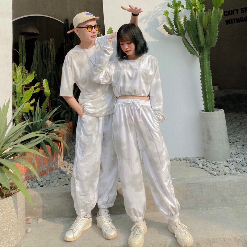 Set đồ đôi couple nam nữ - Set áo croptop loang tay dài bo eo + Quần jogger loang dài ống rộng dây rút