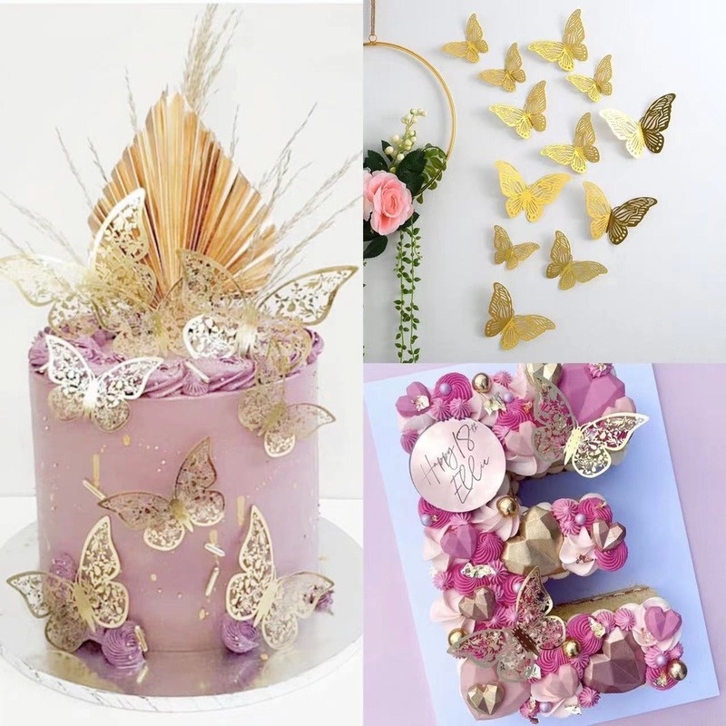 Set 12 HìNh BướM 4D VàNg ĐồNg Sang TrọNg Trang Trí BáNh Kem