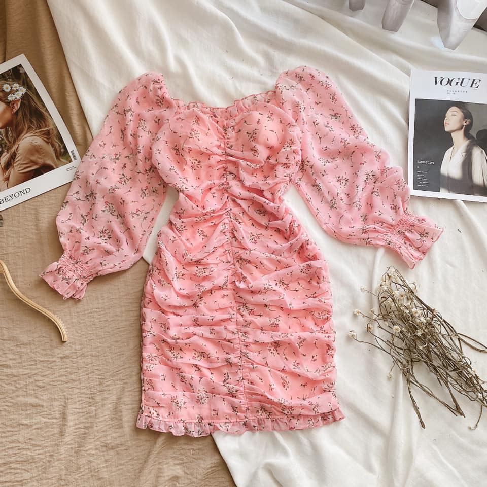 Váy Đầm Body Nhún Sườn Chất Voan 2 Lớp Họa Tiết Hoa Siêu Đẹp Với Tông Hồng Tôn Dáng Cực Xinh. | BigBuy360 - bigbuy360.vn