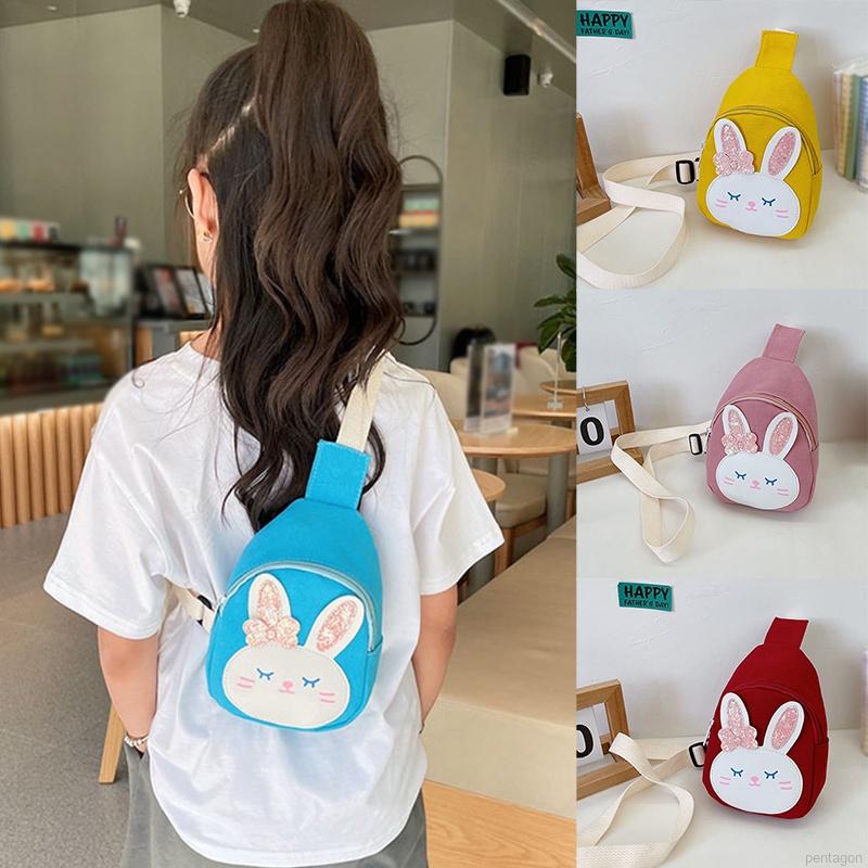 Túi đeo chéo vải canvas họa tiết thỏ hoạt hình dễ thương có thể điều chỉnh cho bé gái