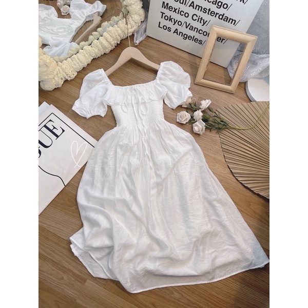 ĐẦM TRẮNG BO CHUN BẸT VAI BÈO NGỰC MIDI