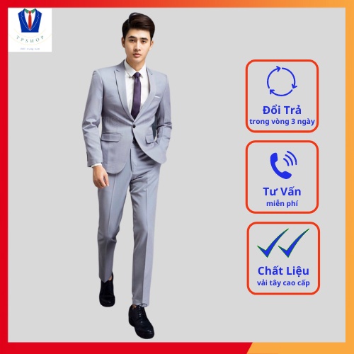 Bộ vest nam đẹp màu ghi sáng full size [Áo vest + Quần]