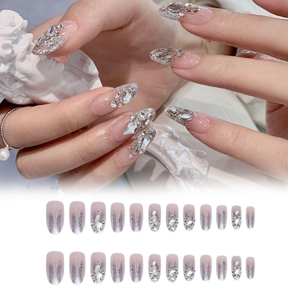 ☆ROSE☆ 24pcs Women Pointed Fake Nail Beauty Ballet Nail Tip False Nails Glitter Fashion Full Cover Nail Art|Sequins