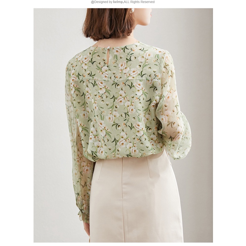 Áo Sơ Mi chiffon Tay Dài In Hoa Màu Xanh Lá Tươi Mới Cho Nữ