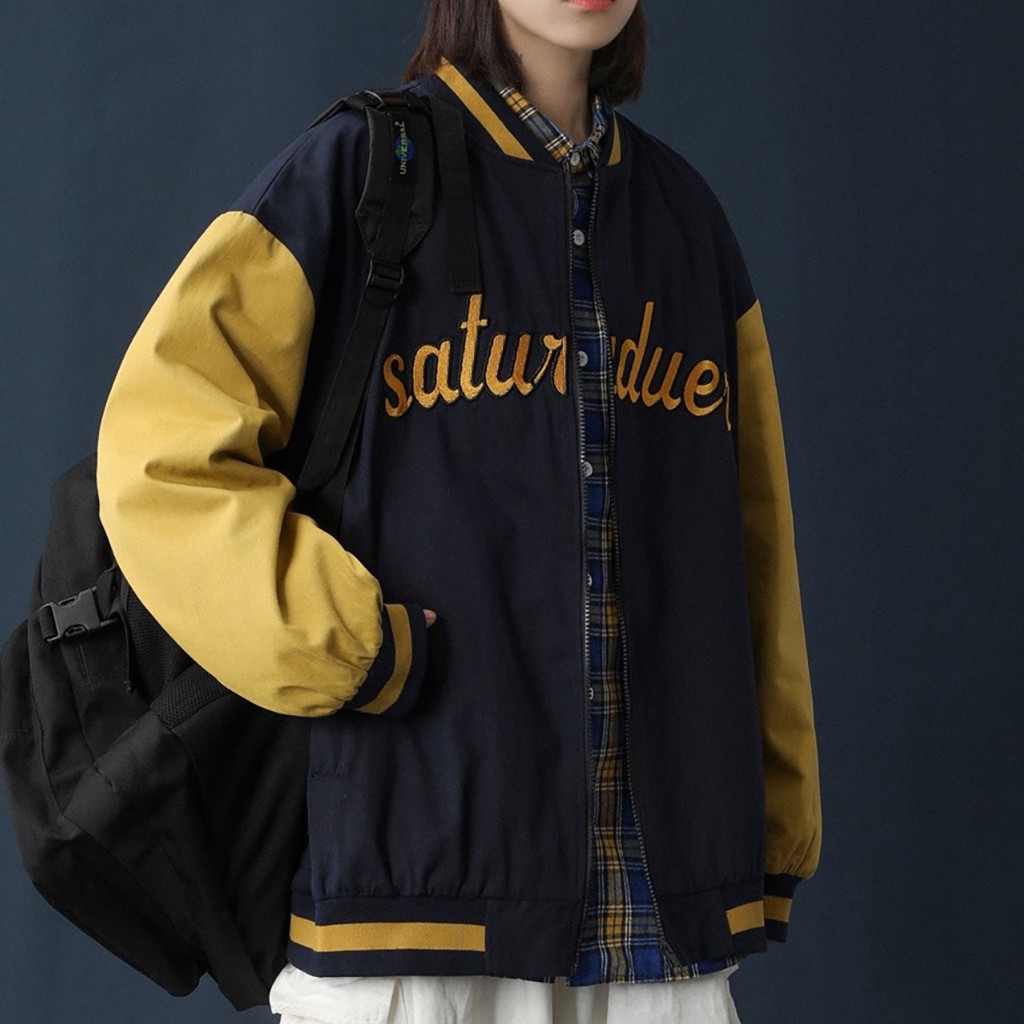 Áo khoác bóng chày- bomber varsity dạ phối tay da nam nữ hoạ tiết thêu  form rộng thời trang cho