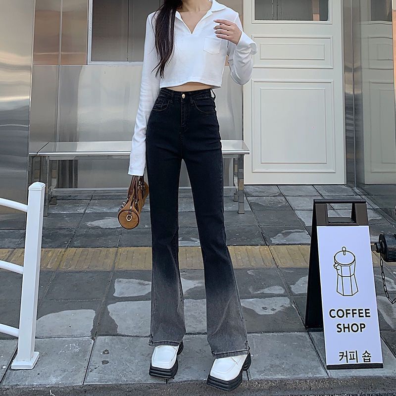 Quần denim Ống Loe Lưng Cao Màu Đen gradient Thời Trang Dành Cho Nữ