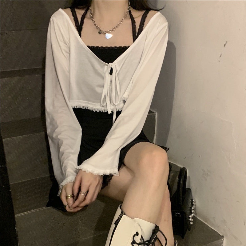 Set đồ COZOK gồm áo dây và áo khoác cardigan phối chân váy nhiều lớp thời trang cho nữ