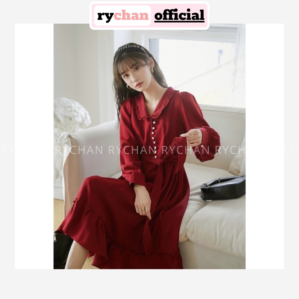 Đầm Xòe Midi Đỏ Cổ Bèo Tay Dài Nút Ngọc - DX9899