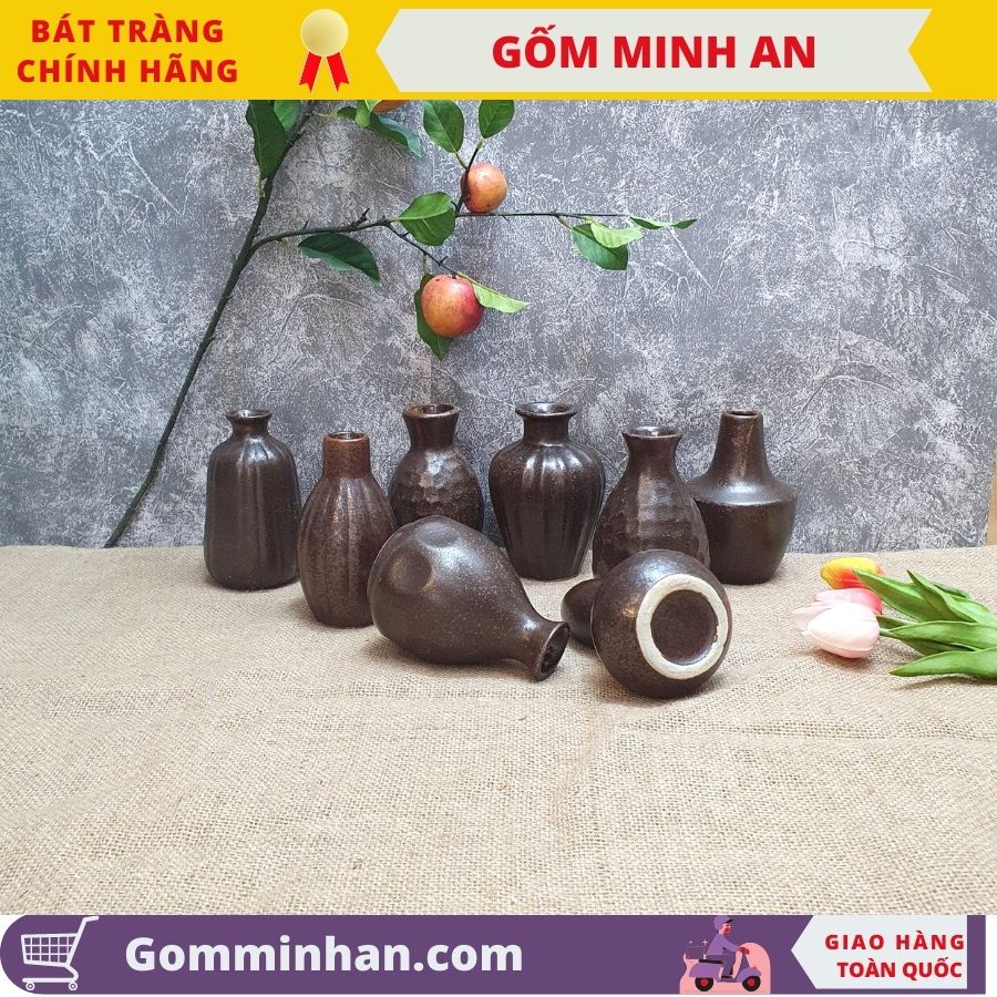Bình Hoa Lọ Hoa Mini - Decor- Men Mộc Màu Nâu Đậm- Lọ Hoa Nhỏ Xinh - Gốm Sứ Bát Tràng- Gốm Minh An