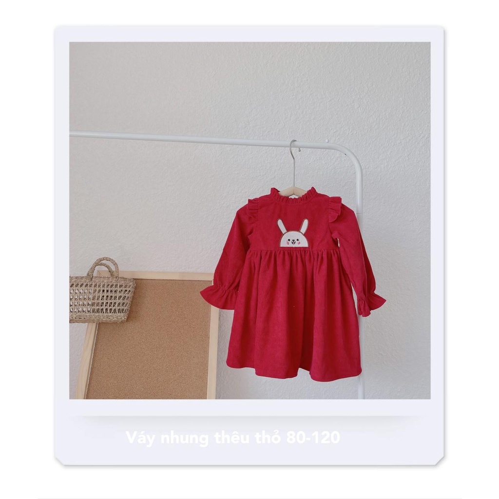 [10-21kg] Váy nhung gân dài tay thu đông cho bé 2 màu thêu thỏ đáng yêu