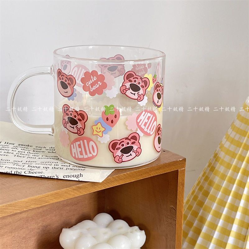 Cốc Thủy Tinh Uống Sữa In Hình Gấu Dâu Tây Kiểu Nhật Bản Dễ Thương Cho Cặp Đôi