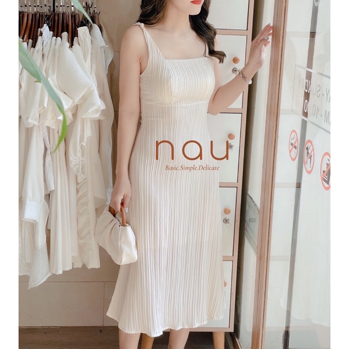 Đầm 2 dây xoắn vải gân dáng midi
