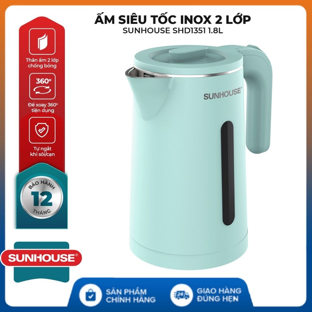 Ấm siêu tốc Sunhouse chính hãng SHD1351 - Bình điện đun nước siêu tốc 1.8l , 02 lớp inox , bảo hành 12 tháng