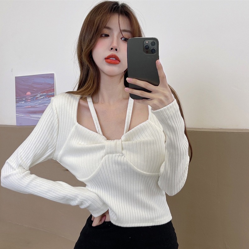 Áo Thun Dệt Kim Tay Dài Cổ Vuông Màu Trơn Ôm Dáng Thời Trang Quyến Rũ Cho Nữ