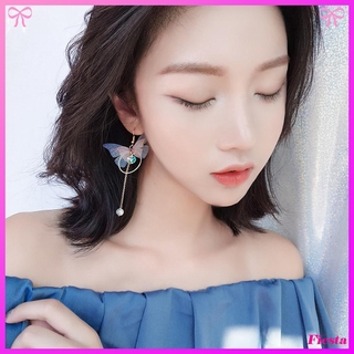 Bông tai dáng dài hình bướm đính ngọc trai phối tua rua phong cách Hàn quốc cho nữ