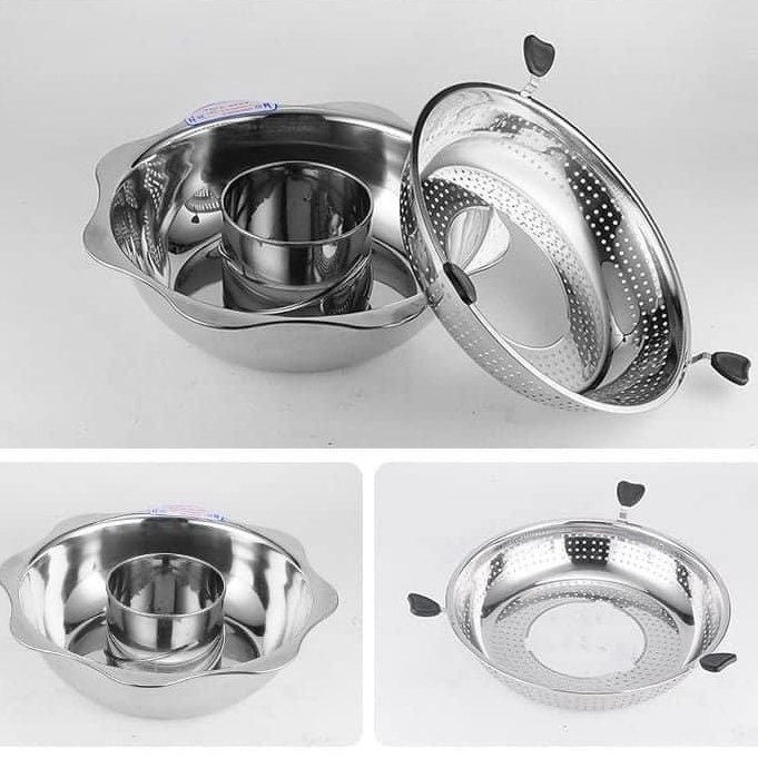 Nồi lẩu 2 ngăn đa năng dùng được mọi loại bếp đường kính 32cm chất liệu inox 304, Nồi lẩu mini 2 tầng đa năng