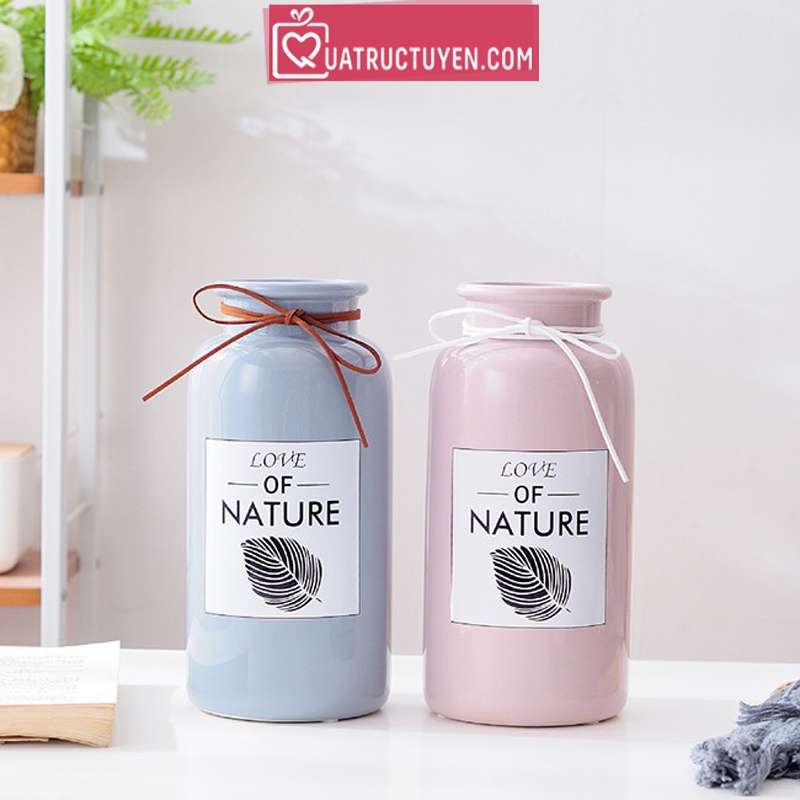 Lọ hoa dáng trụ Love Nature màu Pastel cổ thắt nơ, bình hoa trang trí Tết độc đáo