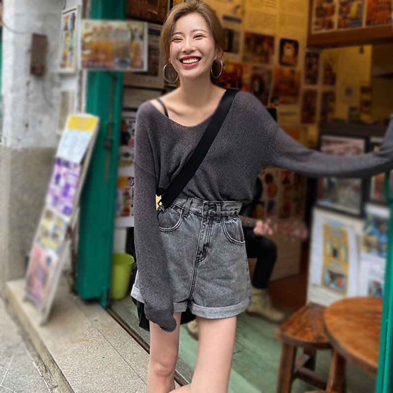 Quần Short Denim Nữ Lưng Cao Dáng Rộng Thời Trang